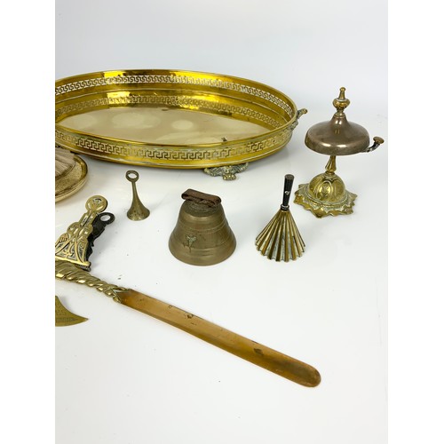 261 - GALLERIED TRAY TOGETHER WITH MISCELLANEOUS BRASS WARE INCLUDING BELLS ETC