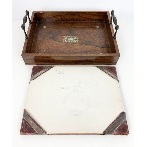 299 - ROSEWOOD GALLERIED TRAY AND A SILVER MOUNTED BLOTTER