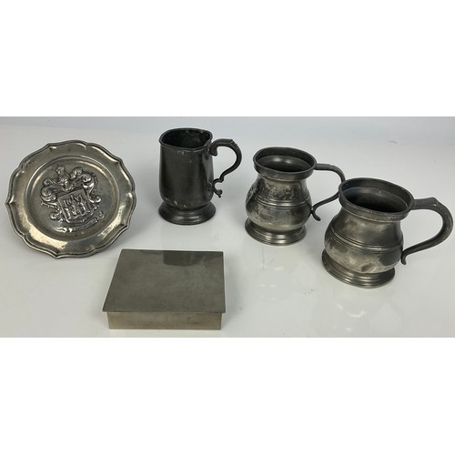 270 - PEWTER TANKARDS, DANISH BOX AND CRESTED DISH