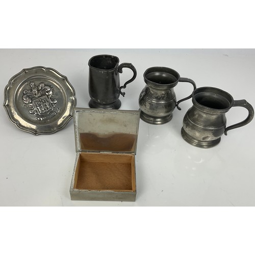 270 - PEWTER TANKARDS, DANISH BOX AND CRESTED DISH