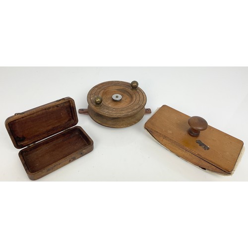 290 - LARGE WOODEN FISHING REEL, BLOTTER AND BOX