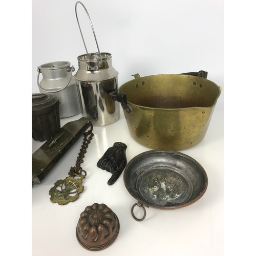 244 - MISCELLANEOUS ITEMS INCLUDING JAM PAN, JELLY MOULDS, ALE WARMER, IRON, SCALES, 2 SMALL MILK CHURNS E... 