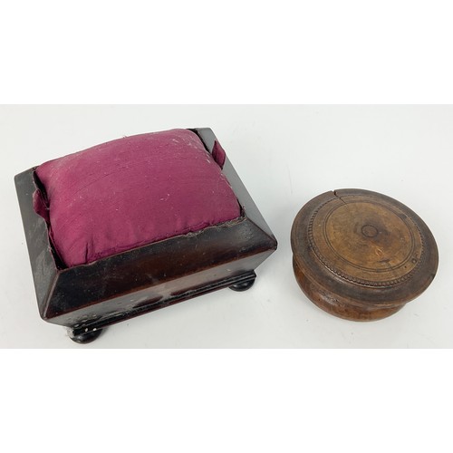 291 - PIN CUSHION BOX AND A ROUND TREEN BOX