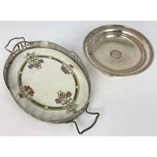 370 - OVAL GALLERIED TRAY AND A PLATED PEDESTAL BOWL