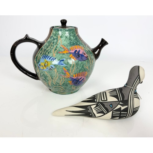 162 - COLOURFUL WAGGI POTTERY JAMAICAN TEA POT TOGETHER WITH A MODEL OF A HOPI BIRD