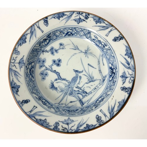 182 - ROUND AND OVAL BLUE AND WHITE DECORATED ORIENTAL PLATES TOGETHER WITH A GINGER JAR (NO LID)