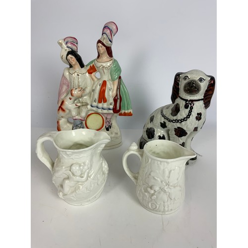 116 - VARIOUS STAFFORDSHIRE FLATBACKS, DOG AND 2 JUGS