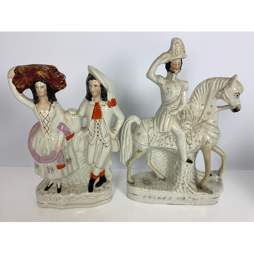 116 - VARIOUS STAFFORDSHIRE FLATBACKS, DOG AND 2 JUGS