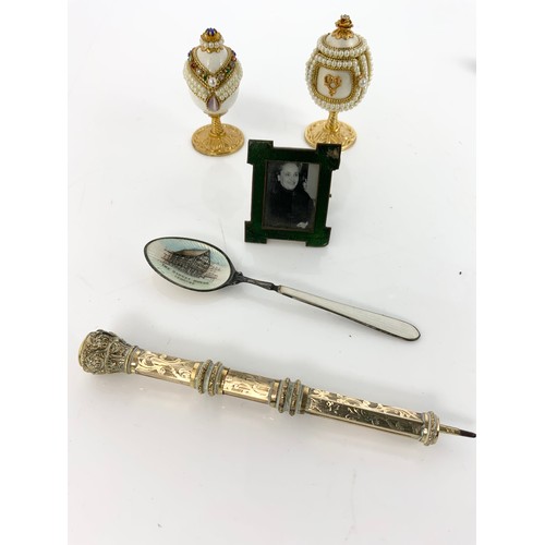 369 - CURIOUS INC ANTIQUE PROPELLING PENCIL, GLASSES, SILVER & ENAMEL SPOON , JEWELLED EGGS  ETC