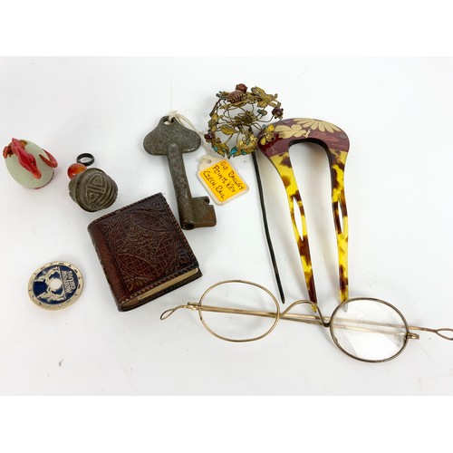 369 - CURIOUS INC ANTIQUE PROPELLING PENCIL, GLASSES, SILVER & ENAMEL SPOON , JEWELLED EGGS  ETC