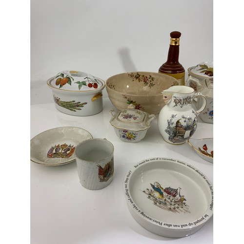 142 - TWO ROYAL WORCESTER EVESHAM TUREENS, WEDGEWOOD BABY PLATE, COALPORT JUG, SPODE BOWL AND OTHER COLLEC... 