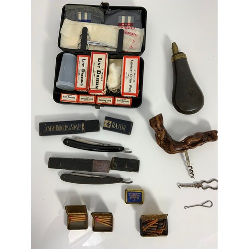 354 - TRAY OF INTRESTING ITEMS INC STRAIGHT RAZORS,  SHOT FLASK, VESTA CASES, ST JOHNS AMBULANCEMEDICAL CA... 