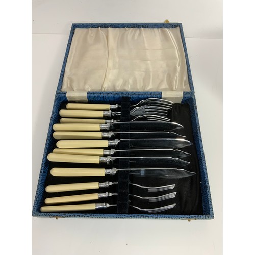 249 - HEAVY BRASS JAM PAN  & CASED SET OF FISH KNIVES & FORKS