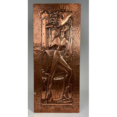 268 - LARGE HAND BEATEN COPPER PLAQUE OF WINE DRINKER WITH GUITAR