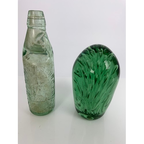 190 - VICTORIAN GREEN GLASS DUMP TOGETHER WITH A COB BOTTLE AND ONE OTHER