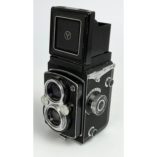 330 - PARTS OF A WOODEN PLATE CAMERA, 2 PENTAX SLR CAMERAS, EUMIG CINE CAMERA, YASCHICA TWIN LENS CAMERA A... 