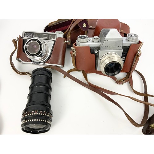 331 - MISC. CAMERAS AND BINOCULARS INCLUDING KODAK AND PRACTICA 35MM CAMERAS, EUMIG CINE CAMERA AND A POLA... 