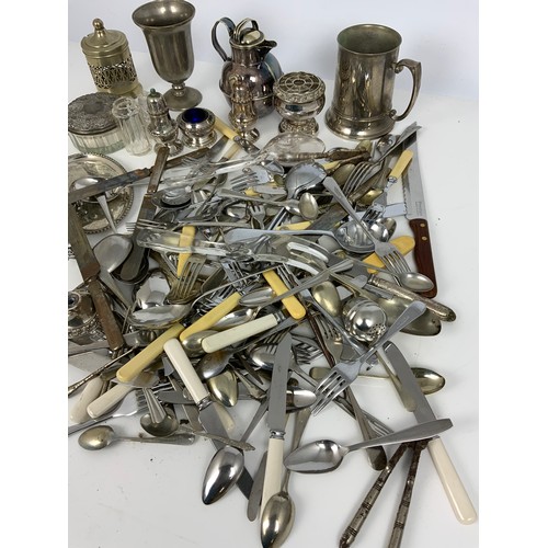 397 - MIXED SILVERPLATED WARE INC CUTLERY, TANKARDS ETC