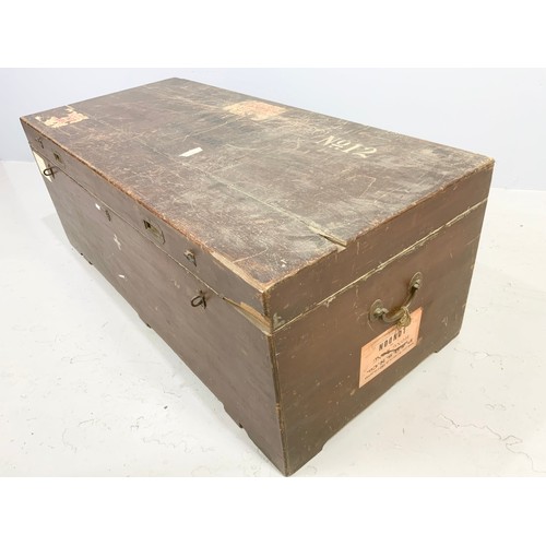 489 - SHIPPING TRUNK WITH MILITARY HANDLES AND TIN LINED 122cm LONG