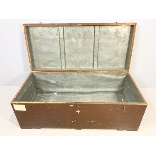 489 - SHIPPING TRUNK WITH MILITARY HANDLES AND TIN LINED 122cm LONG