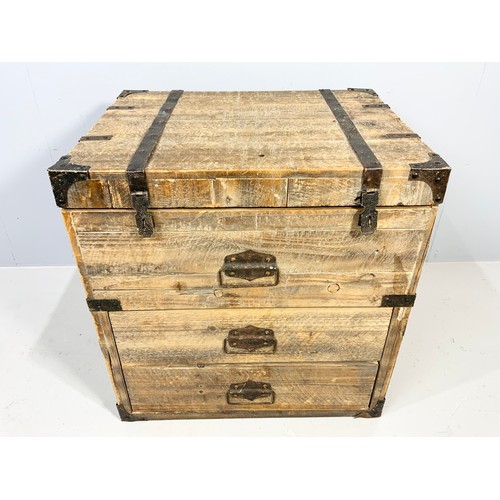 582 - WOODEN TRUNK WITH RISING LID & 2 DRAWERS 63cm TALL