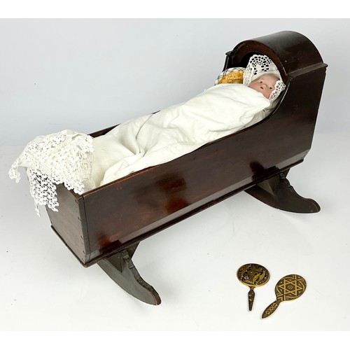 325 - DOLLS PRAM TOGETHER PORCELAIN HEAD DOLL, A ROCKING COT AND 2 OTHER PORCELAIN HEAD DOLLS