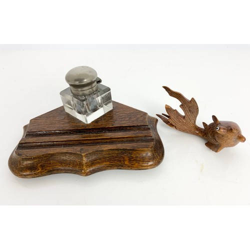 297 - OAK DESK STAND WITH INK WELL AND A CARVED ORIENTAL FISH