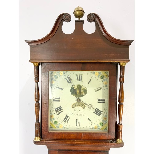 235 - MAHOGANY LONG CASE CLOCK HAVING SQUARE PAINTED DIAL WITH DATE APERTURE AND 30 HOUR MOVEMENT, SIGNED ... 