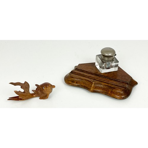 297 - OAK DESK STAND WITH INK WELL AND A CARVED ORIENTAL FISH