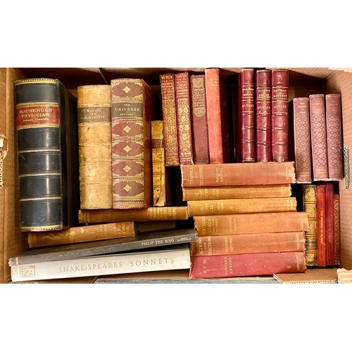 67 - MISC. BOOKS INC. LEATHER BINDING, SET OF 3 HUXLEY ESSAYS, RUDYARD KIPLING, THE UNIVERSE, POUCHET, MA... 