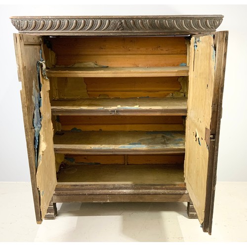 462 - CONTINENTAL, POSSIBLY SPANISH ANTIQUE OAK CUPBOARD/ CABINET WITH DOUBLE DOORS, APPROX. 145 cm wide