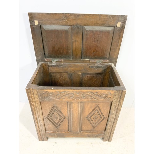 493 - PANELLED OAK BOX  WITH HINGED  LID 65cm WIDE