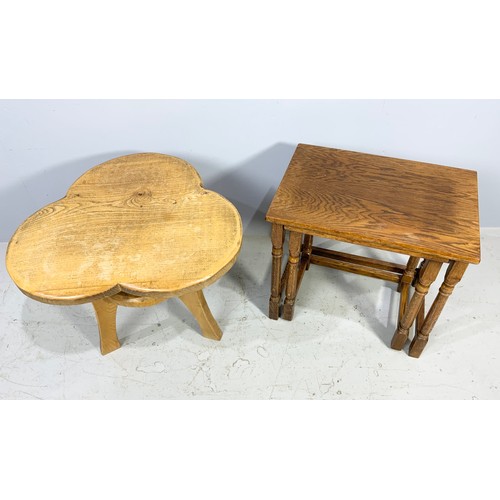 492 - LIGHT OAK OCCASIONAL TRIFOIL  TABLE TOGETHER WITH A NEST OF TWO OAK OCCASIONAL TABLES