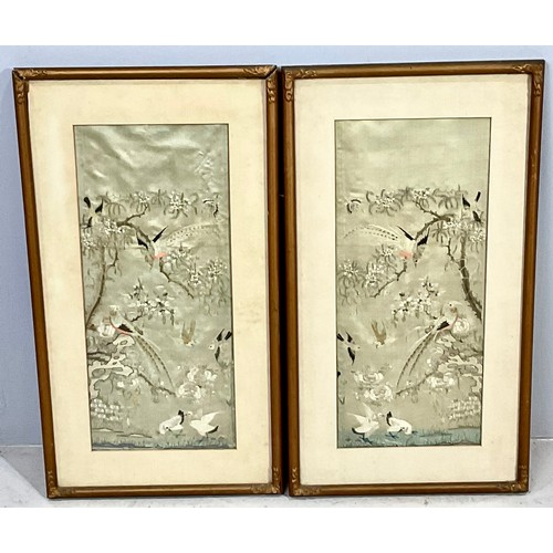 53 - PAIR OF FRAMED, EMBROIDERED ORIENTAL SILKS, POSSIBLY KIMONO SLEEVES