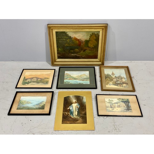 16 - MISC. WATERCOLOURS  INC. ELLEN HANCOCK, MARY BARTON AND OTHERS TOGETHER WITH AN UNSIGNED OIL DEPICTI... 