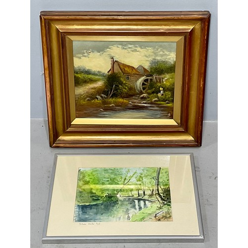 13 - 19TH CENTURY ENGLISH SCHOOL OIL DEPICTING A WATER MILL TOGETHER WITH A WATER COLOUR DEPICTING RIVER ... 