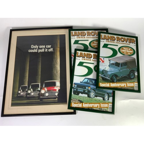 11 - MISC. MOTORING RELATED BOOKS AND MANUALS INC. HAYNES, INC. MINI AND LANDROVER RELATED, FRAMED LANDRO... 