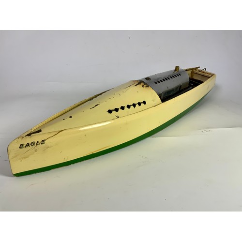 252 - A BOWMAN LIVE STEAM MODEL BOAT EAGLE, APPROX. 70 CM X 14 CM. A GOOD EXAMPLE IN ITS ORIGINAL WOODEN B... 