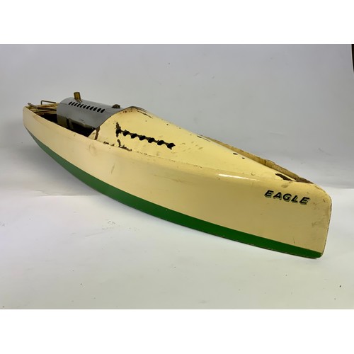 252 - A BOWMAN LIVE STEAM MODEL BOAT EAGLE, APPROX. 70 CM X 14 CM. A GOOD EXAMPLE IN ITS ORIGINAL WOODEN B... 