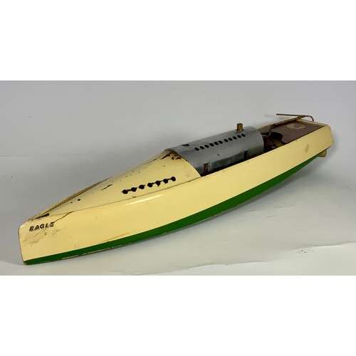 252 - A BOWMAN LIVE STEAM MODEL BOAT EAGLE, APPROX. 70 CM X 14 CM. A GOOD EXAMPLE IN ITS ORIGINAL WOODEN B... 