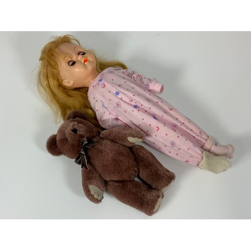 76 - TEDDY BEAR, WITH STITCHED NOSE, APPROX. 30 CM TALL, PLUS A DOLL, WITH SPEAKER, MARKED JAPAN