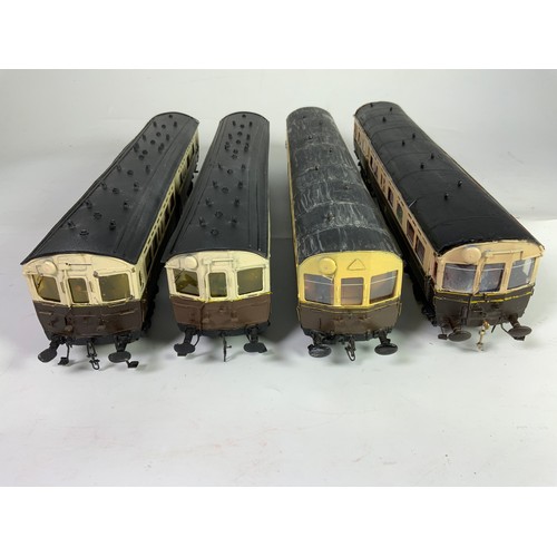 288 - 0 GAUGE KIT BUILT GWR AUTO COACH TRAILERS. 4 COACHES WITH SOME WITH PASSENGERS !