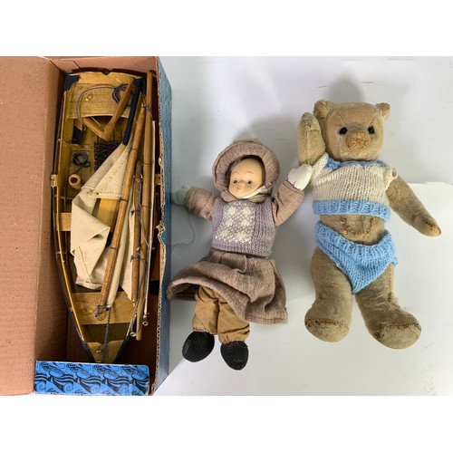 79 - VINTAGE TEDDY BEAR, PORCELIAN HEAD DOLL AND WOODEN BOAT IN BOX
