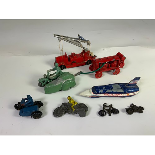 155 - A VERY RARE DIECAST UNMARKED PNEUMATIC DRILL, IN RED WITH DRILL, PLUS CRESCENT FIRE ENGINE WITH FIRE... 