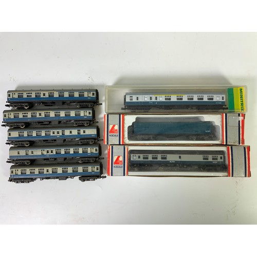 313 - N GAUGE MODEL RAILWAY COACHING STOCK. MK1 BR BLUE, MINITRIX BCK, 2 X LIMA & 5 U/B MK1'S