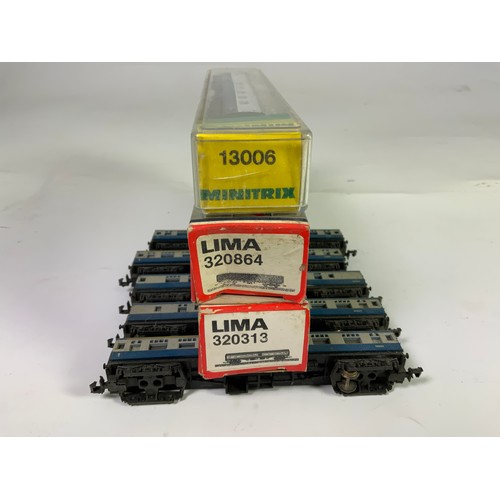 313 - N GAUGE MODEL RAILWAY COACHING STOCK. MK1 BR BLUE, MINITRIX BCK, 2 X LIMA & 5 U/B MK1'S