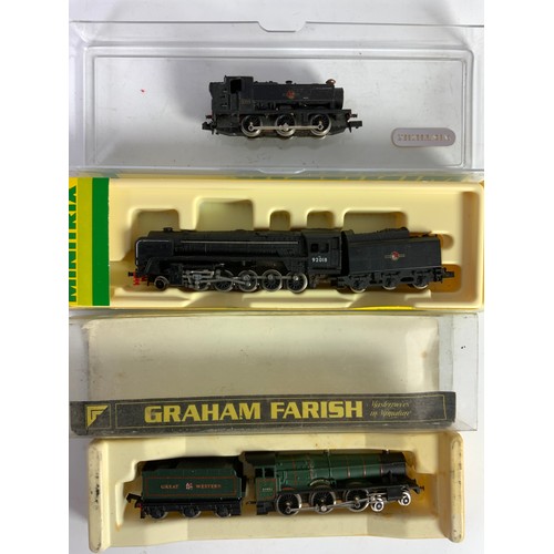 317 - 3 N GAUGE LOCOMOTIVES, 12950 92018 9F, GRAHAM FARISH HALL CLASS (PT BOXED), & 94XX U/B PANNIER TANK