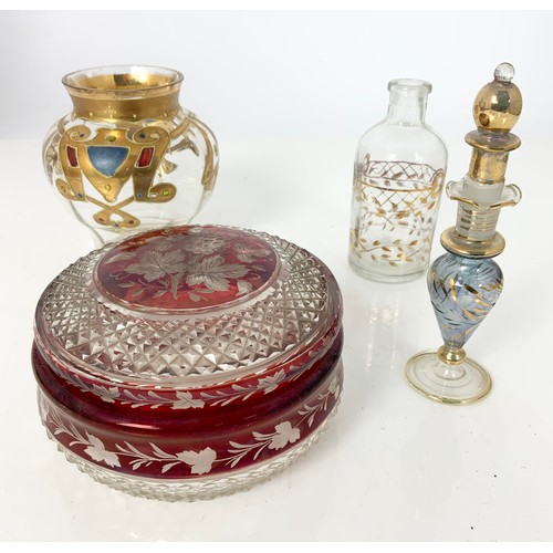 258 - MISCELLANEOUS COLOURED GLASS WARE INCLUDING OVERLAID VASE, FLASHED GLASS DISH, CASED BLUE GLASS VASE... 