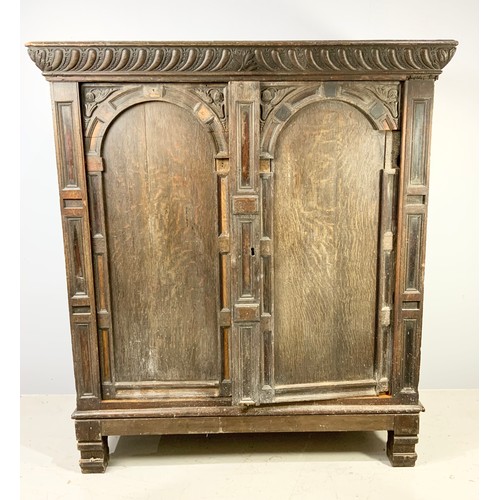 551 - CONTINENTAL, POSSIBLY SPANISH ANTIQUE OAK CUPBOARD/ CABINET WITH DOUBLE DOORS, APPROX. 145 cm wide