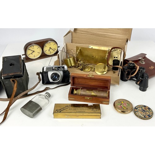 319 - BOX OF MISC. INC. CHESS CLOCK, BRASS EXTENDING TELESCOPE IN BOX, MISC. CAMERAS, HIP FLASK, PART CLOC... 